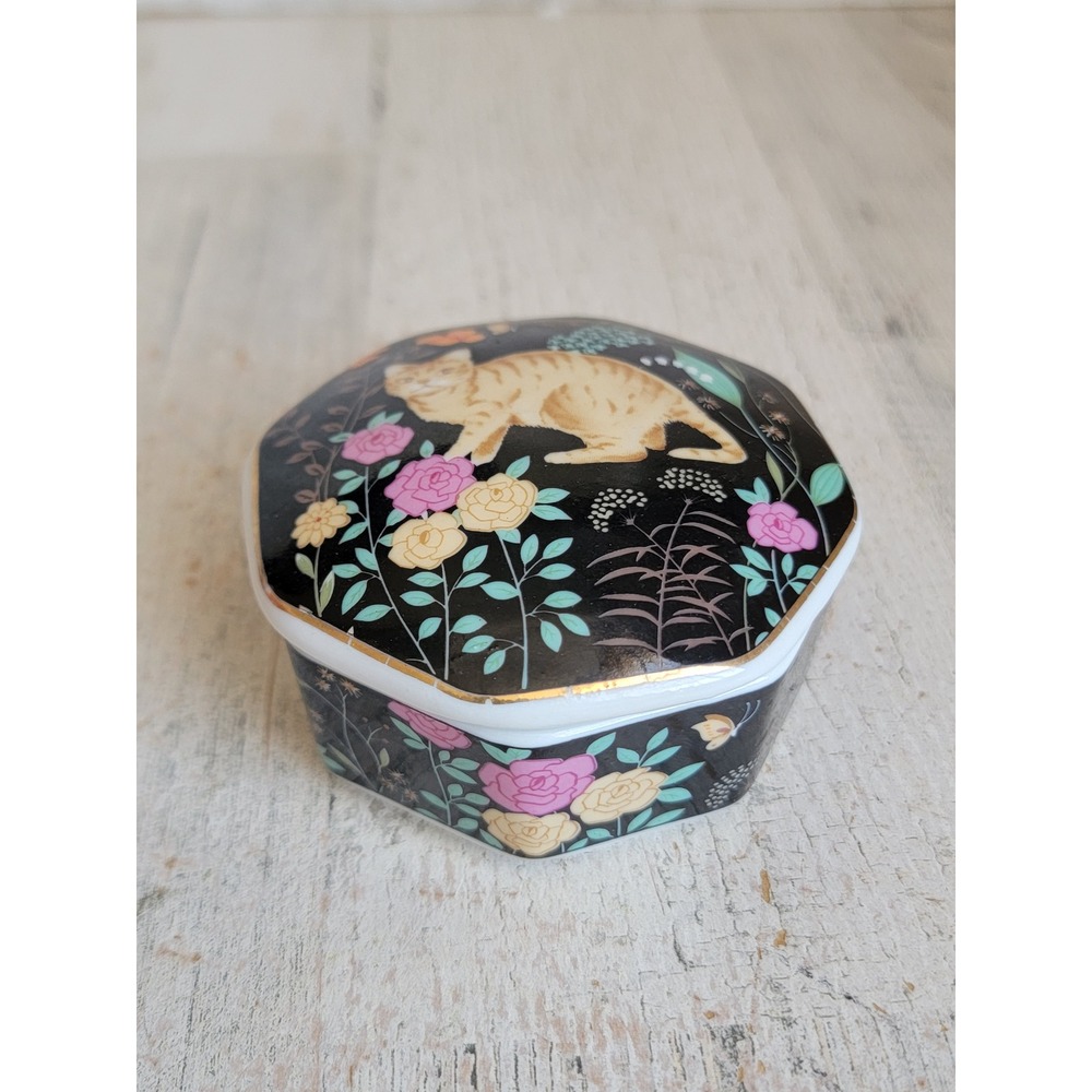 Vintage orange tabby trinket box flower kitten home decor unique